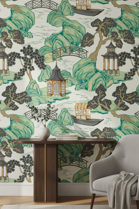 Cream and Green Chinoiserie Landscape Wallpaper