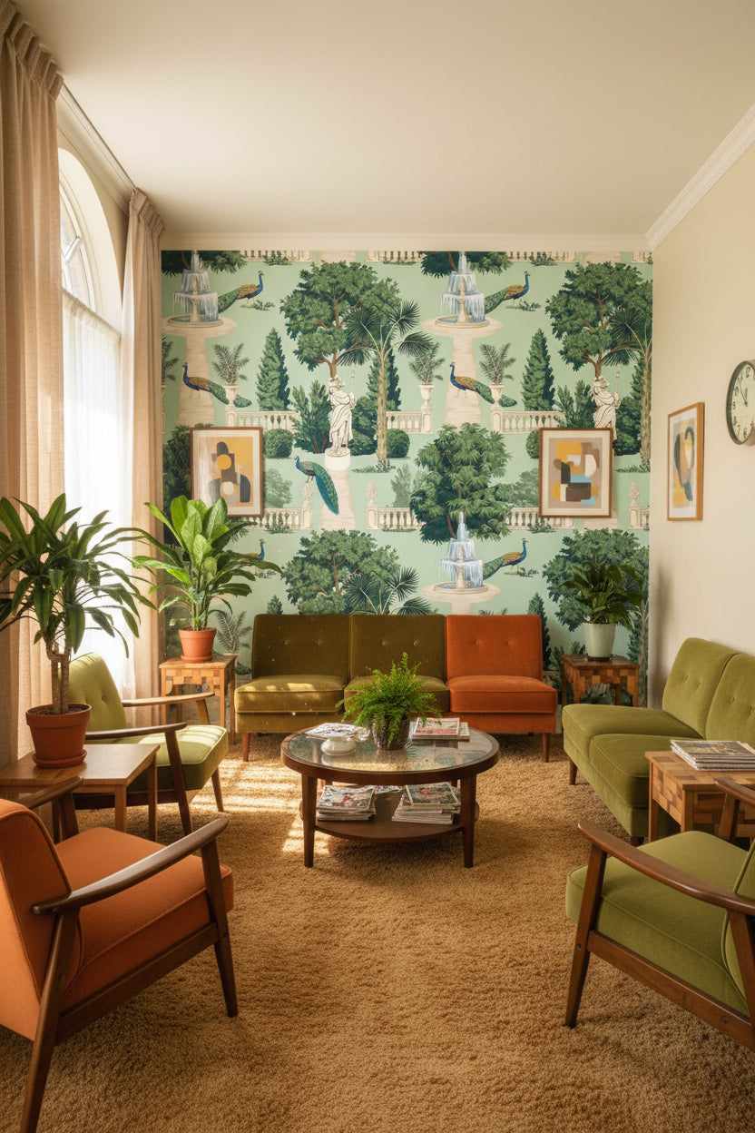 Mint Green Art Deco Garden Landscape Wallpaper