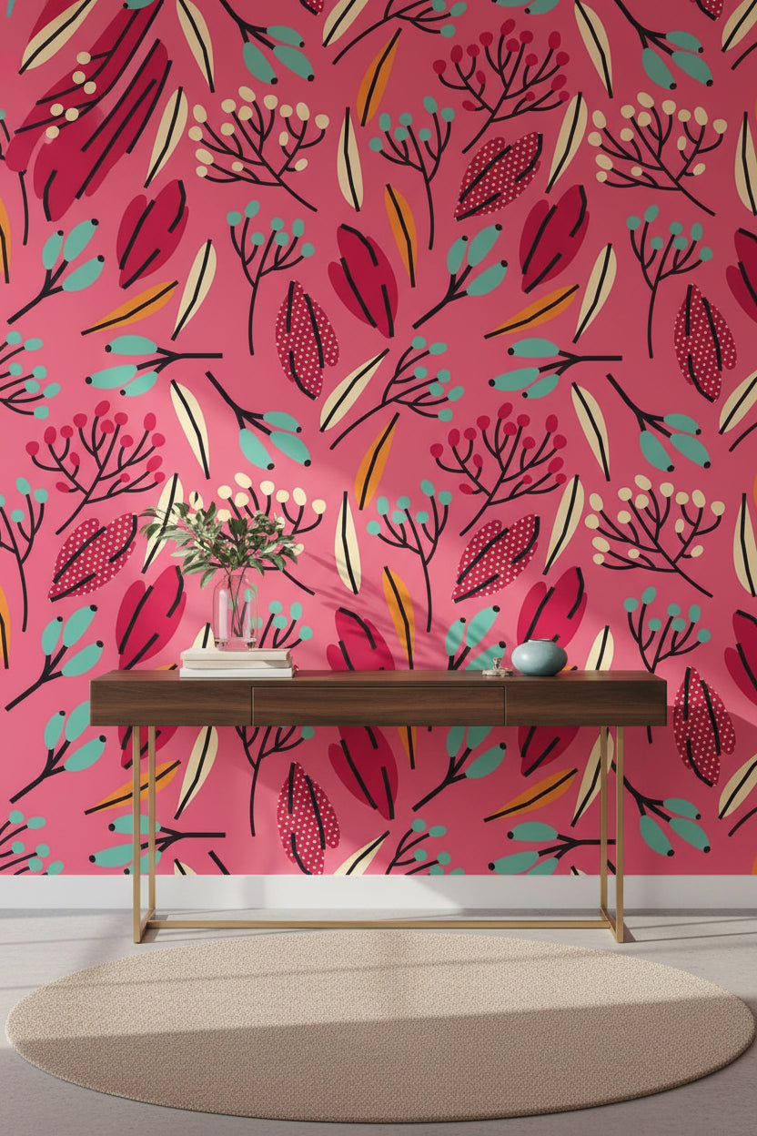 Vibrant Pink Multicolor Botanical Leaf Wallpaper
