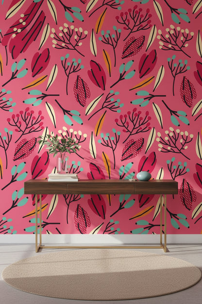 Vibrant Pink Multicolor Botanical Leaf Wallpaper