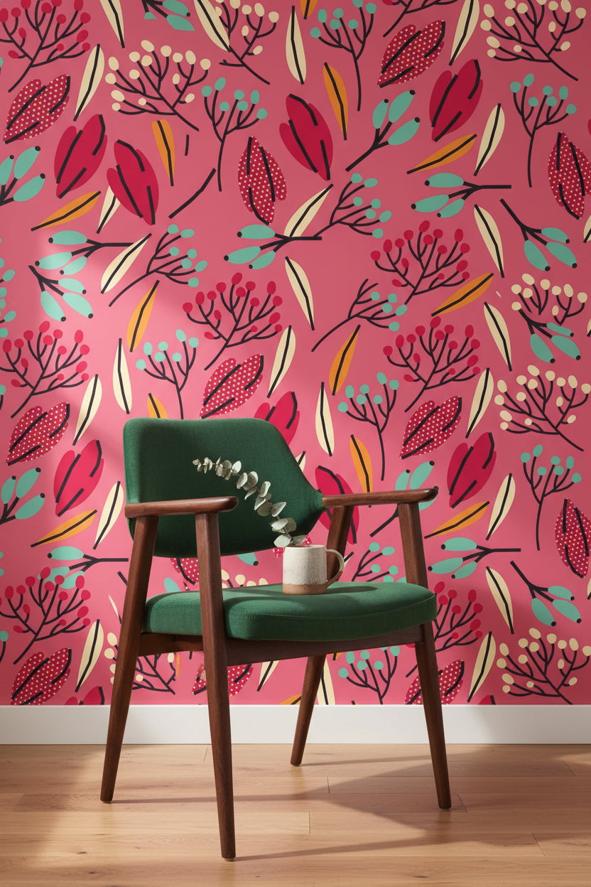 Vibrant Pink Multicolor Botanical Leaf Wallpaper