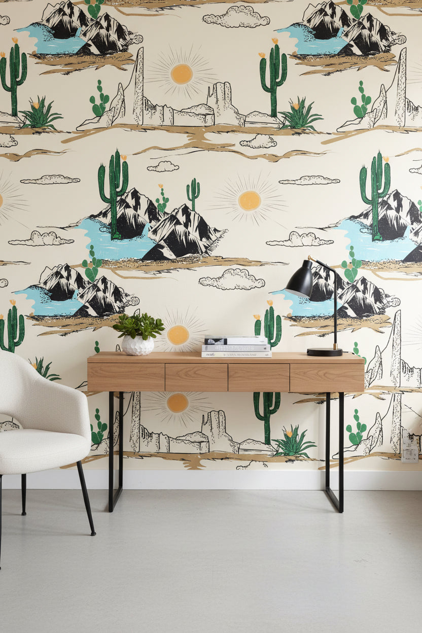 Cream Southwestern Desert Landscape Wallpaper