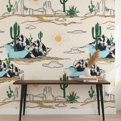 Cream Southwestern Desert Landscape Wallpaper