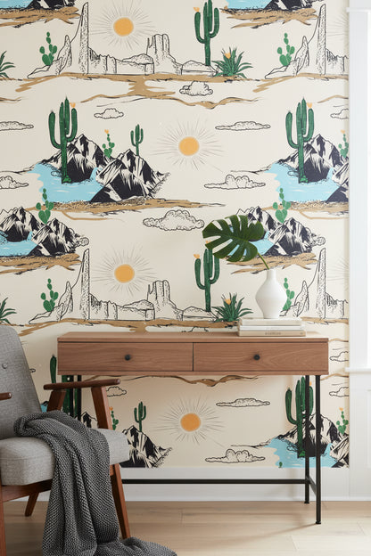 Cream Southwestern Desert Landscape Wallpaper