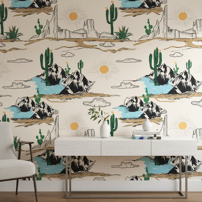 Cream Southwestern Desert Landscape Wallpaper