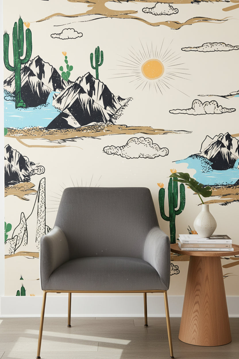 Cream Southwestern Desert Landscape Wallpaper