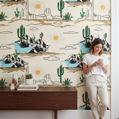 Cream Southwestern Desert Landscape Wallpaper