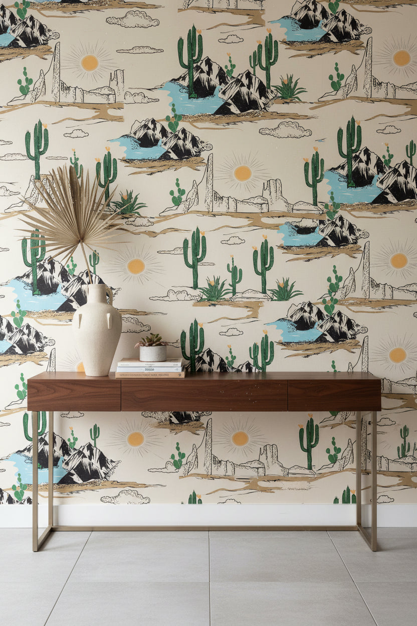 Cream Southwestern Desert Landscape Wallpaper