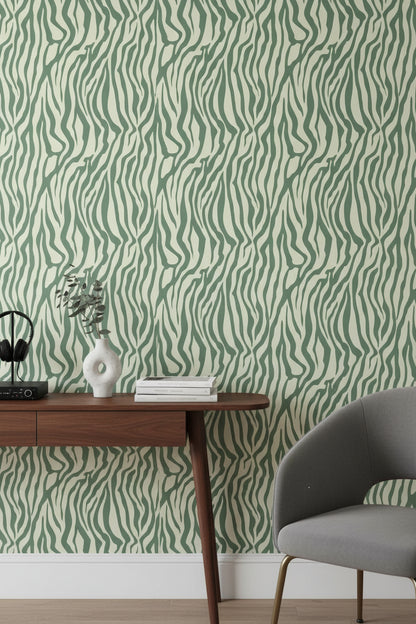 Sage Green Abstract Zebra Stripe Wallpaper