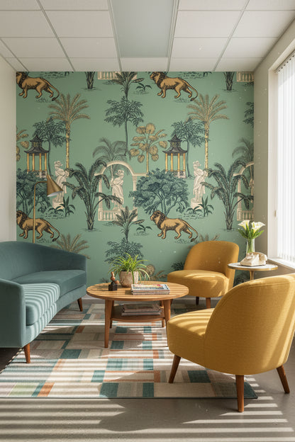 Aqua Green Botanical Lion Wallpaper