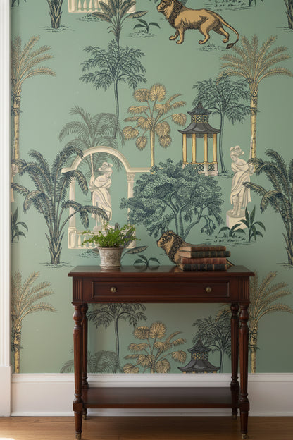 Aqua Green Botanical Lion Wallpaper