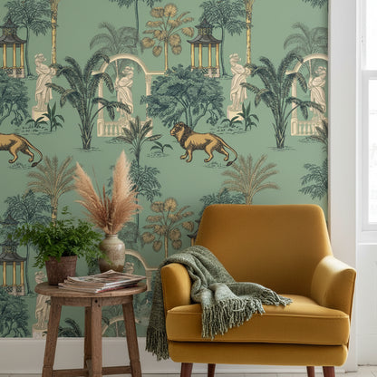 Aqua Green Botanical Lion Wallpaper