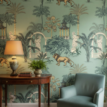 Aqua Green Botanical Lion Wallpaper