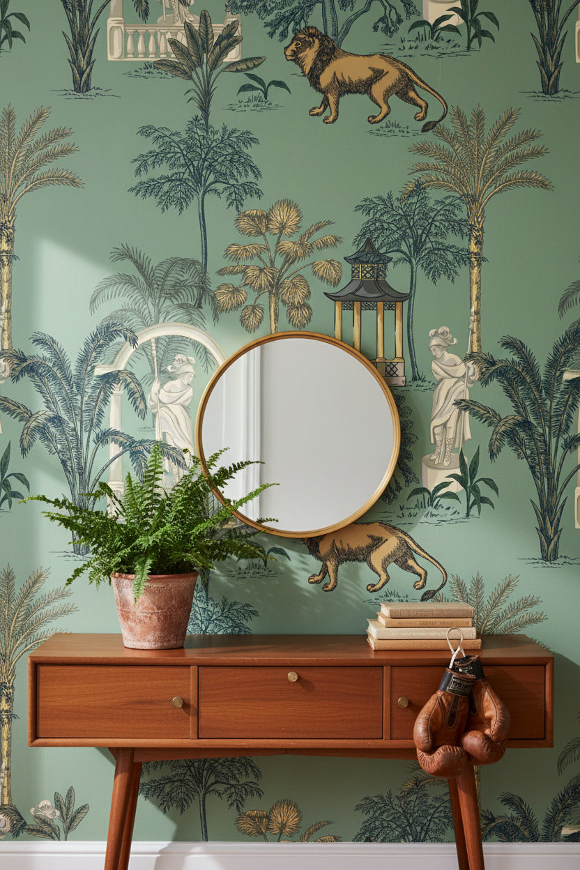 Aqua Green Botanical Lion Wallpaper