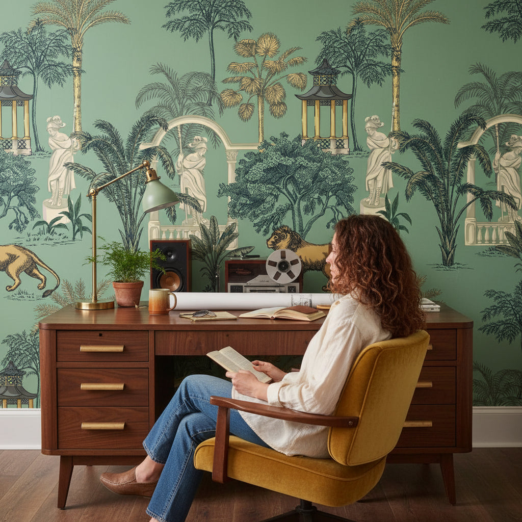 Aqua Green Botanical Lion Wallpaper