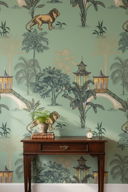Mint Green Chinoiserie Lion and Pagoda Wallpaper