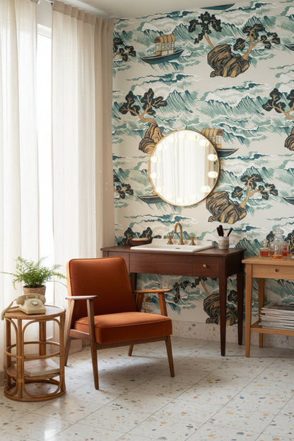 Cream Teal Japanese Landscape Art Wallpaper