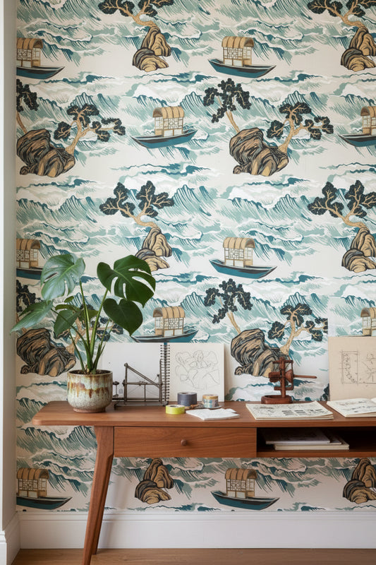 Cream Teal Japanese Landscape Art Wallpaper