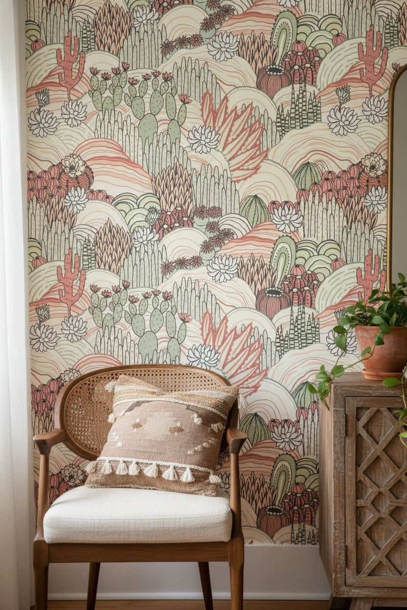 Desert Cactus Oasis Botanical Wallpaper