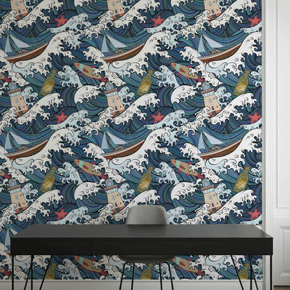 Nautical Waves and Boats Pattern Wallpaper
