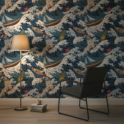 Nautical Waves and Boats Pattern Wallpaper