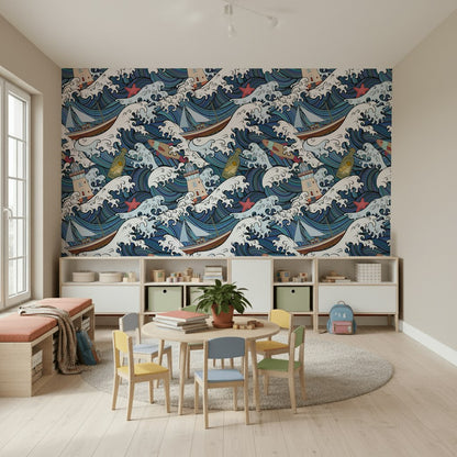 Nautical Waves and Boats Pattern Wallpaper