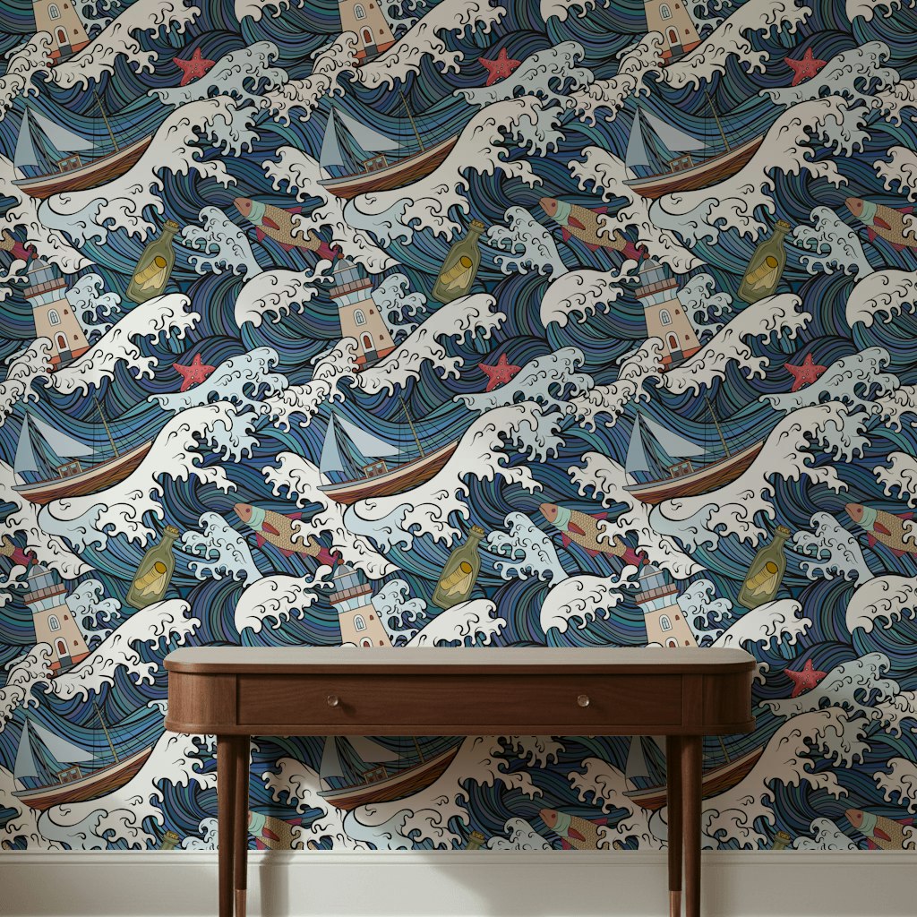 Nautical Waves and Boats Pattern Wallpaper