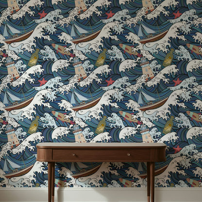 Nautical Waves and Boats Pattern Wallpaper