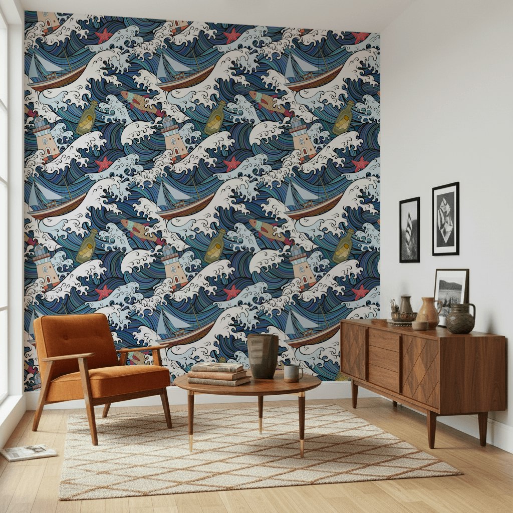 Nautical Waves and Boats Pattern Wallpaper