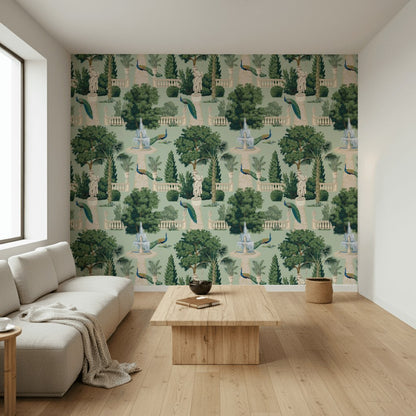 Mint Green Art Deco Garden Landscape Wallpaper