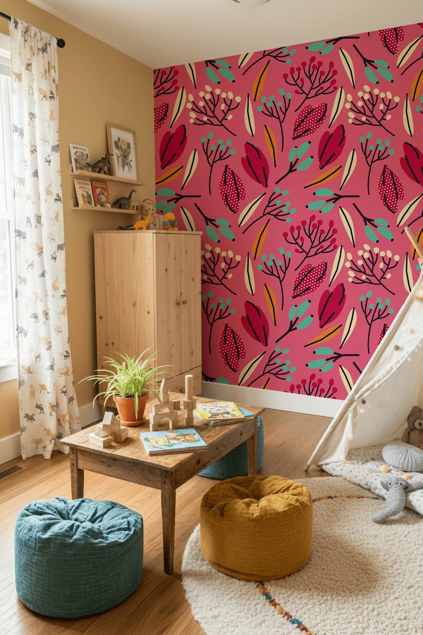 Vibrant Pink Multicolor Botanical Leaf Wallpaper