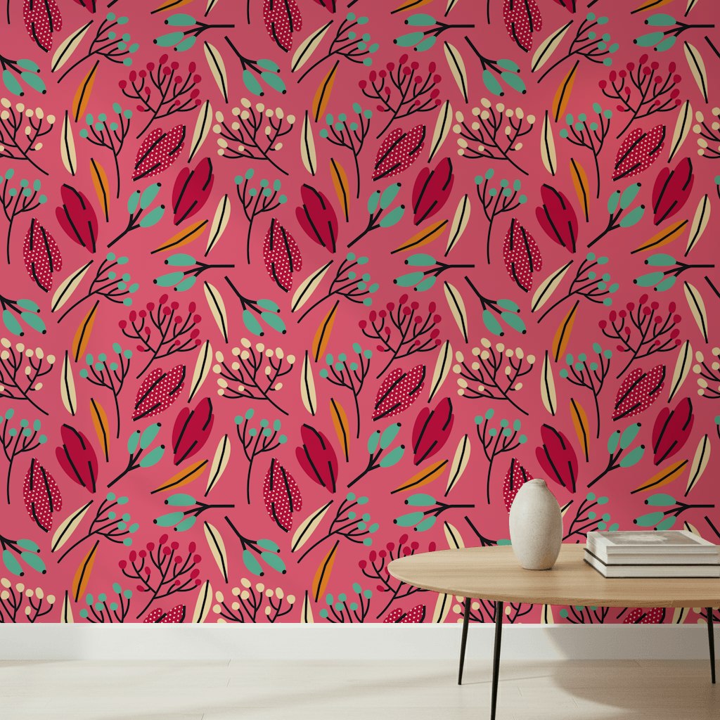 Vibrant Pink Multicolor Botanical Leaf Wallpaper