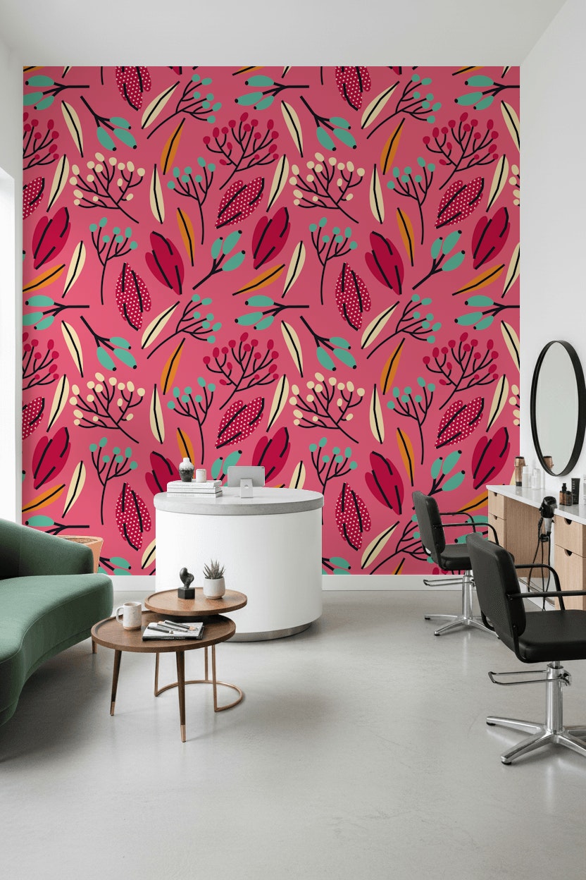Vibrant Pink Multicolor Botanical Leaf Wallpaper