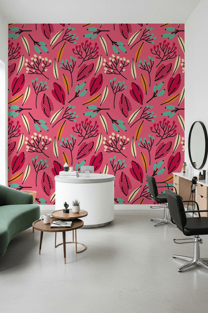 Vibrant Pink Multicolor Botanical Leaf Wallpaper