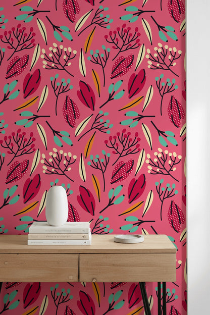 Vibrant Pink Multicolor Botanical Leaf Wallpaper