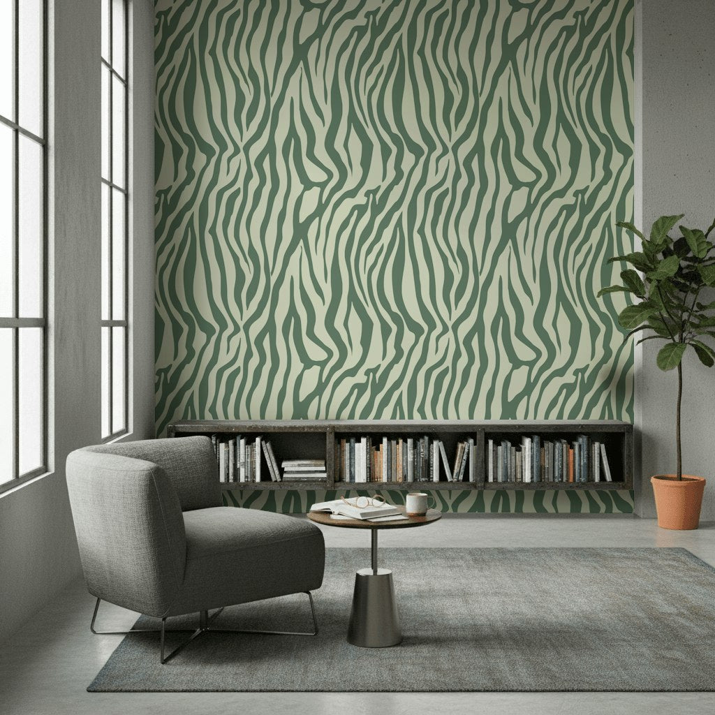 Sage Green Abstract Zebra Stripe Wallpaper