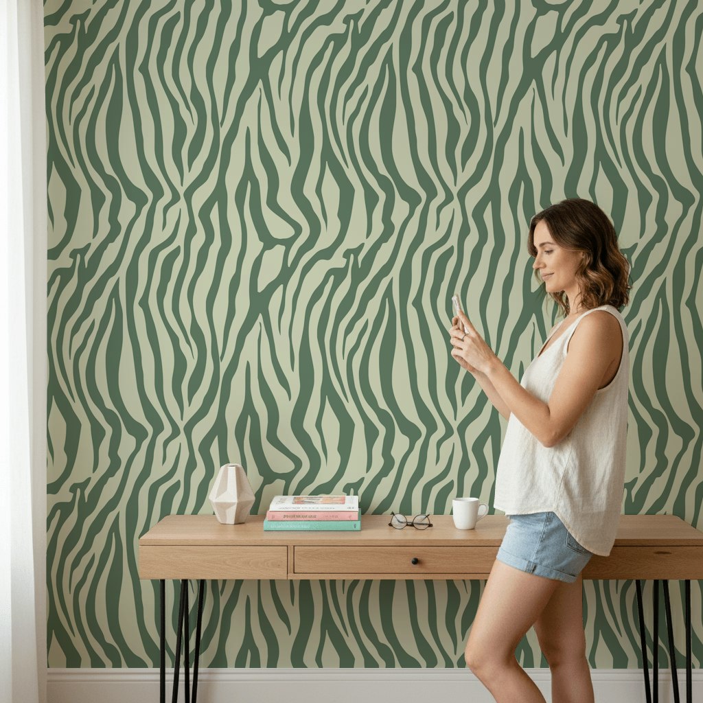 Sage Green Abstract Zebra Stripe Wallpaper