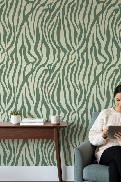 Sage Green Abstract Zebra Stripe Wallpaper