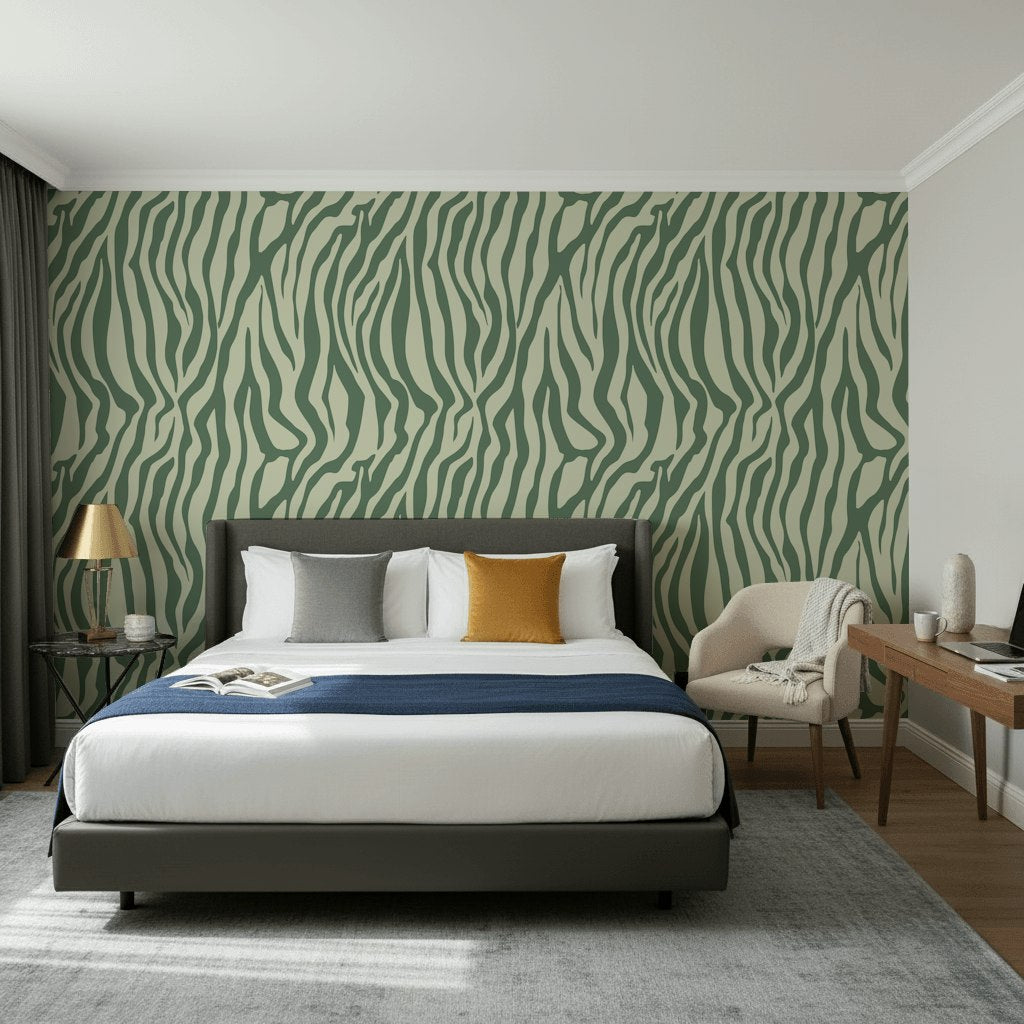 Sage Green Abstract Zebra Stripe Wallpaper