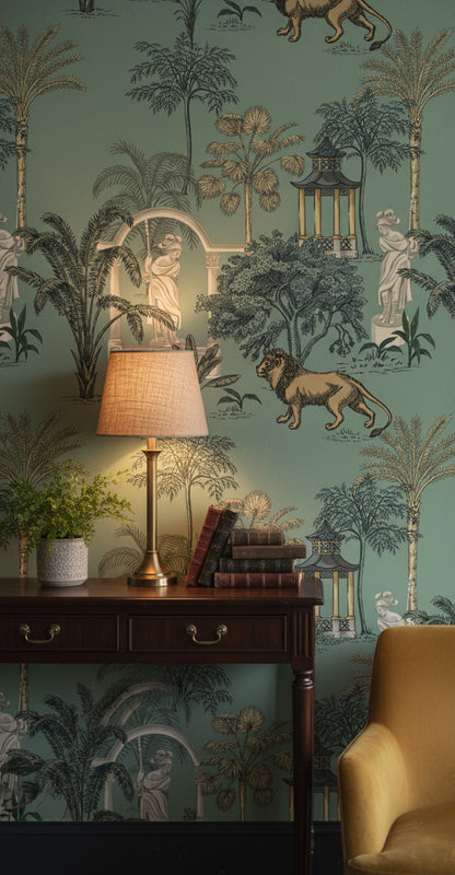 Aqua Green Botanical Lion Wallpaper