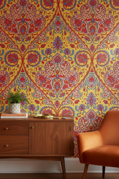 Vibrant Yellow and Red Damask Pattern Wallpaper