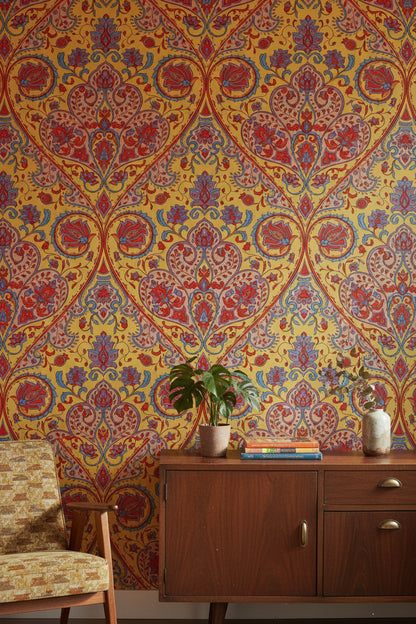 Vibrant Yellow and Red Damask Pattern Wallpaper