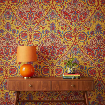 Vibrant Yellow and Red Damask Pattern Wallpaper