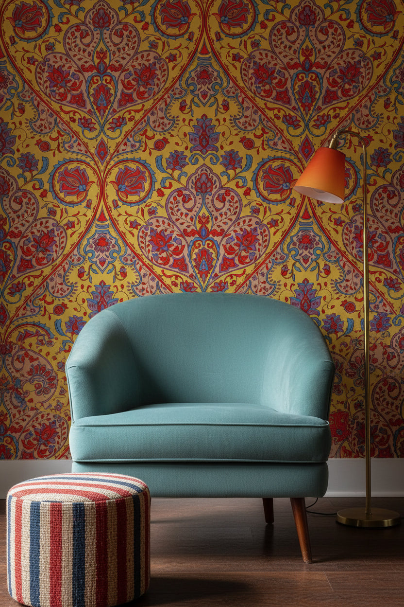 Vibrant Yellow and Red Damask Pattern Wallpaper