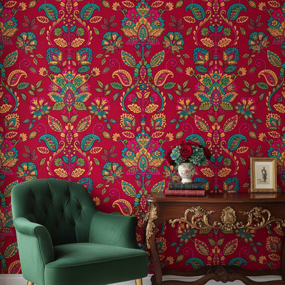 Rich Burgundy Damask Floral Wallpaper