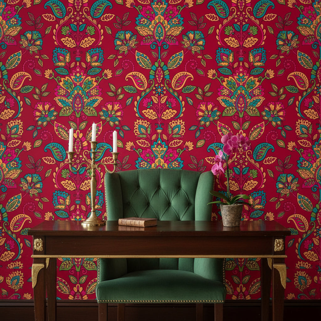 Rich Burgundy Damask Floral Wallpaper