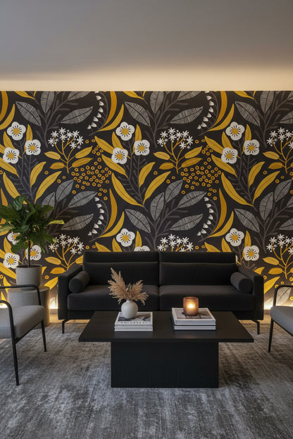 Black and Gold Look Wildflower Botanical Wallpaper