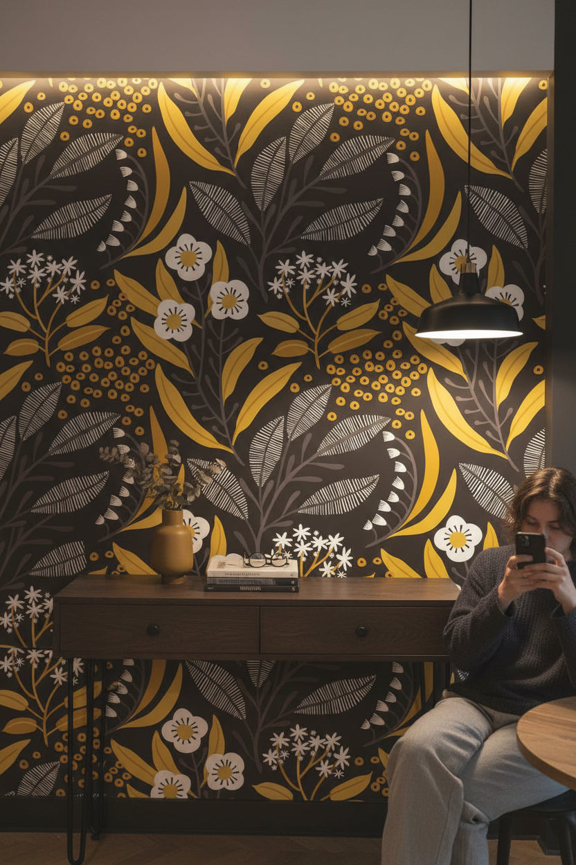Black and Gold Look Wildflower Botanical Wallpaper