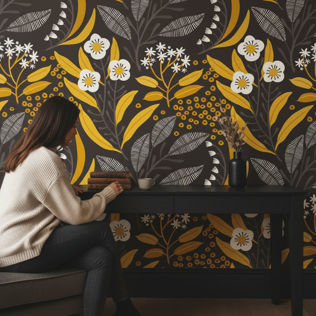 Black and Gold Look Wildflower Botanical Wallpaper