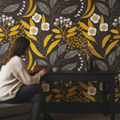 Black and Gold Look Wildflower Botanical Wallpaper